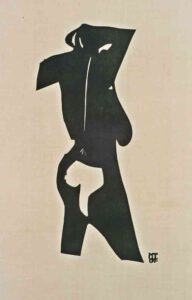 Schablonendruck auf hellbraunen Leinen seitlich Frau ein Bein vorgestellt